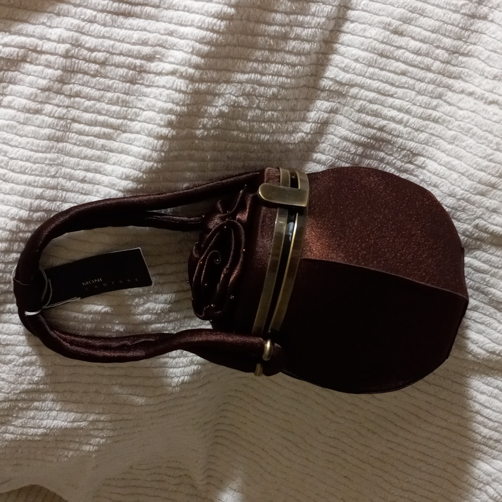 MONI COUTURE Brown Evening Bag Round Shape Lined Floral Beaded Design On Top